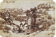  Pen drawing of a landscape with mountains, a river in a deep valley, and a small castle.